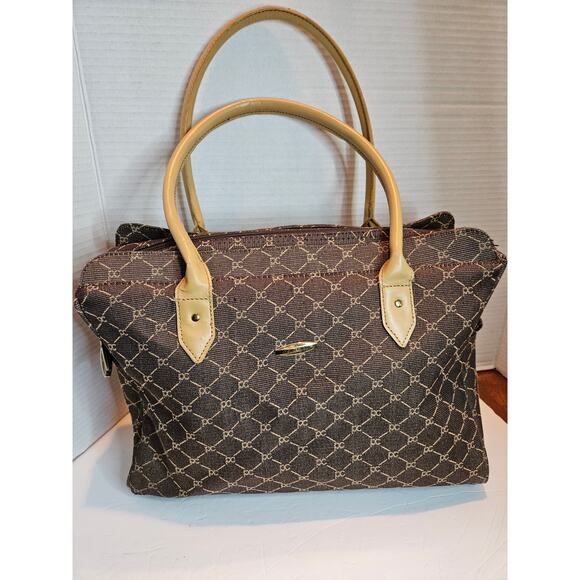 Pierre Cardin Travel Laptop Tote Briefcase Canvas Brown Tan 2 top handles VTG - Picture 5 of 10